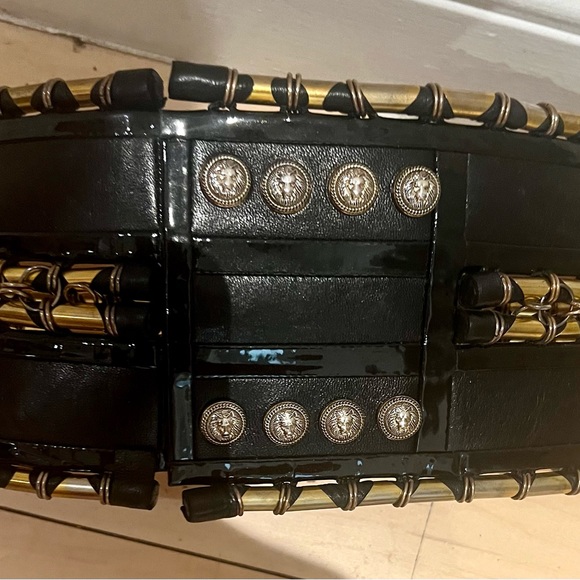SHOWSTOPPER BALMAIN WAIST BELT 30Inch X 5 inchW Black Leather Black Gold Trim